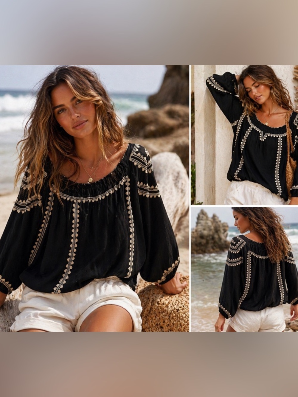 Poupette St Barth Black Embroidered Peasant Blouse Boho XL Top